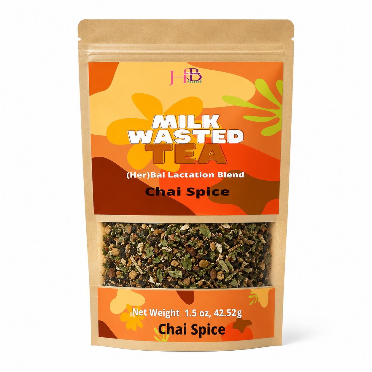A stand-up pouch of Her Beauty Factory Milk Wasted Tea Chai Spice, showing the loose leaf tea through a clear window on a white background.