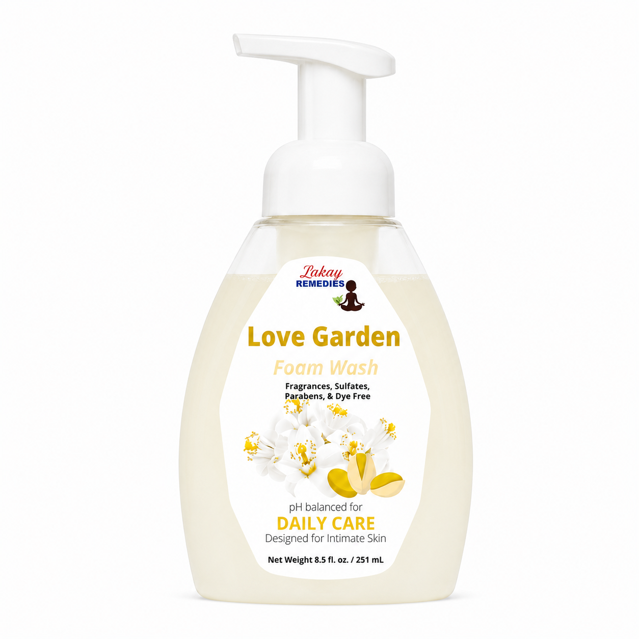 A bottle of Lakay Remedies Love Garden Intimatw Foam Wash for daily care, featuring a white pump dispenser and a label with yellow text and white flower graphics, set against a plain white background.