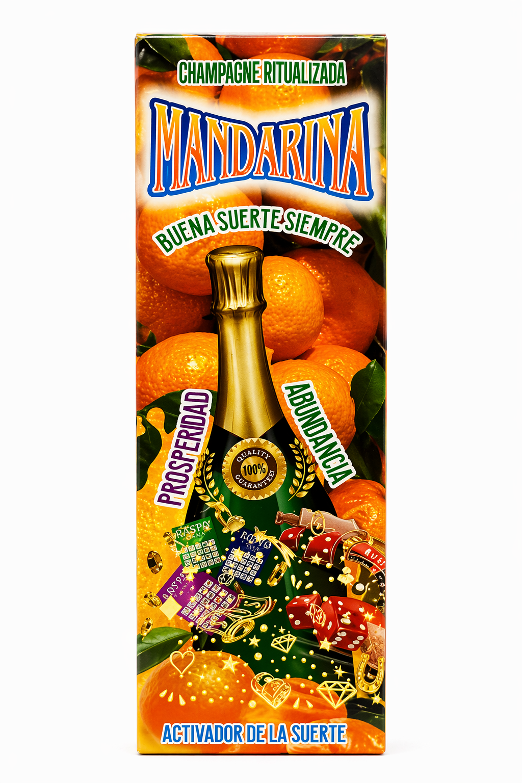 Mandarina bottle packaging with oranges and gambling-themed graphics on a white background