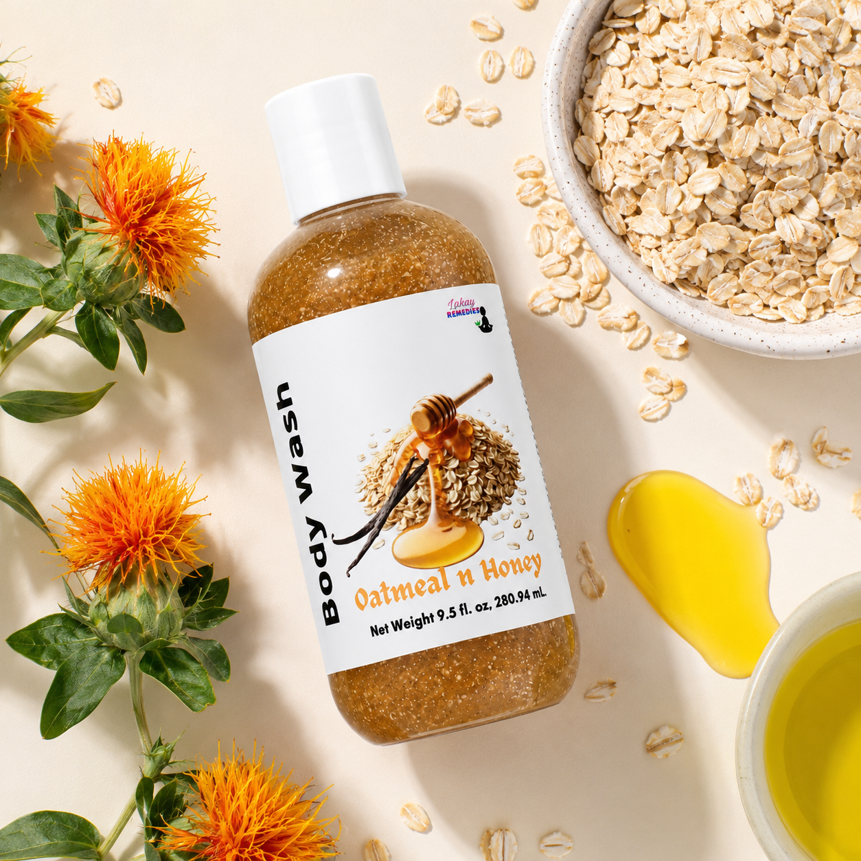 A bottle of oatmeal and honey body wash is displayed in a styled flat-lay arrangement with oats, orange marigold flowers, and a small dish of yellow honey on a light beige background.
