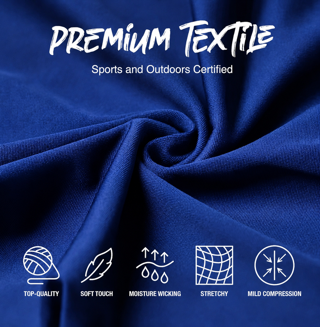 Blue fabric with 'Premium Textile' certification text and icons on a blue background
