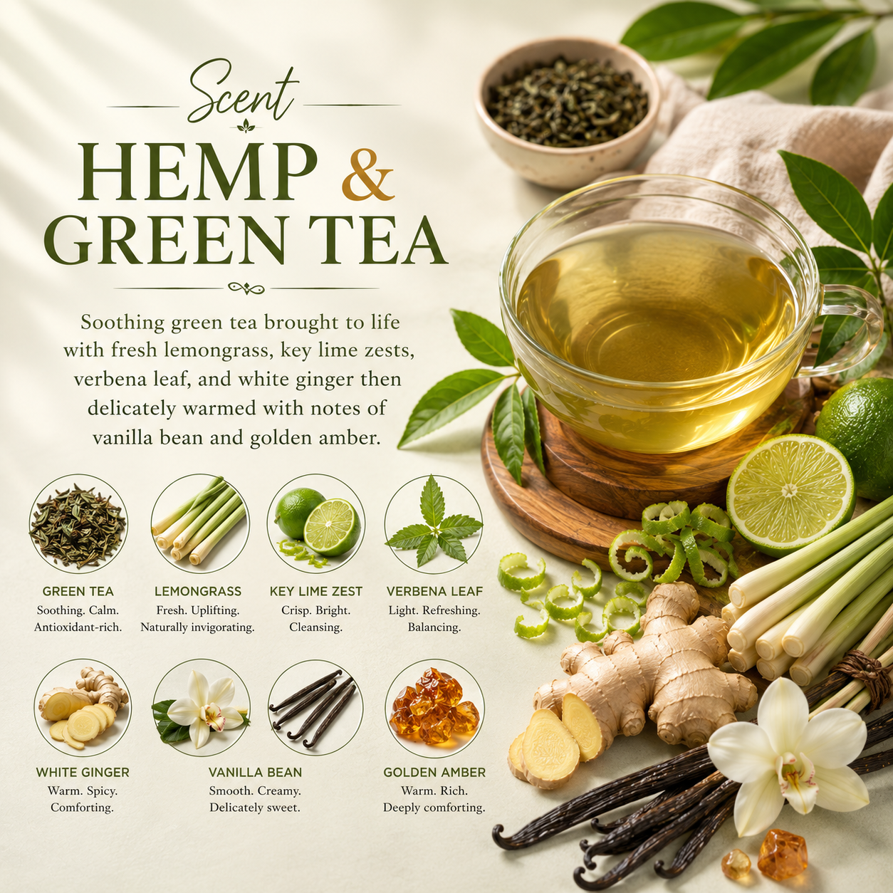 A styled product graphic for a 'Scent of Hemp & Green Tea' blend. The composition features a clear glass cup filled with golden-green tea on a wooden coaster, surrounded by fresh ingredients including green tea leaves, lemongrass, white flower blossoms, vanilla beans, and ginger root.