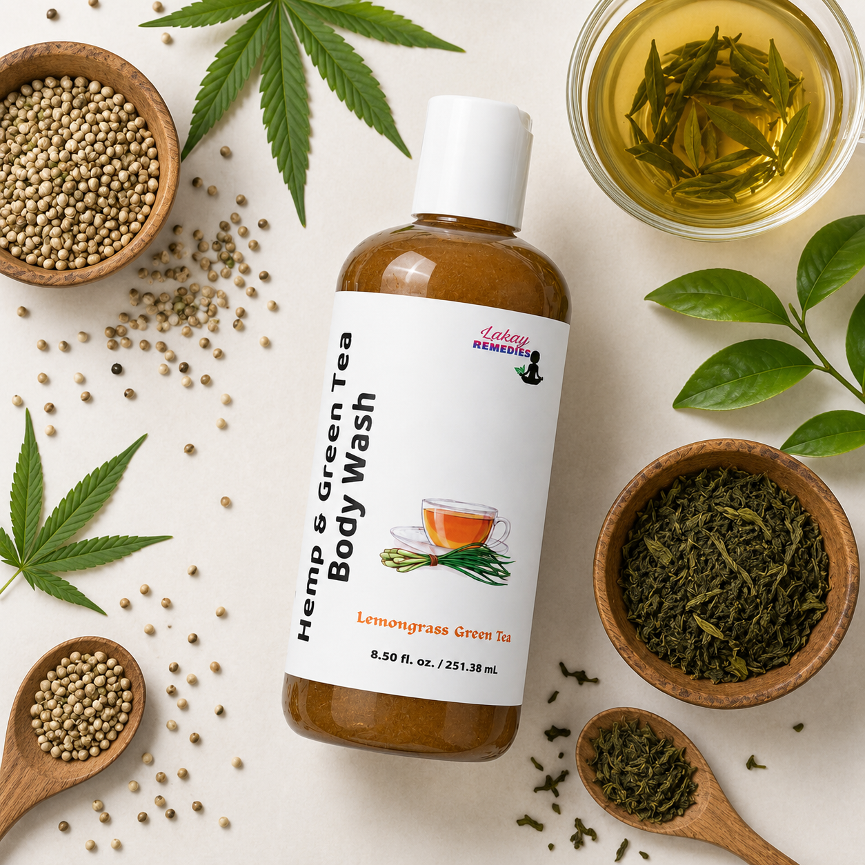 A bottle of Hemp & Green Tea Body Wash by Lakay Remedies, styled in a flat-lay with hemp leaves, loose seeds, green tea leaves, and a glass of brewed tea on a light cream background.
