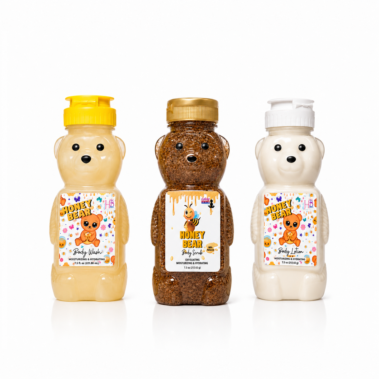Three honey bear-shaped body care bottles on a white background: a yellow cap Honey Bear body wash, a gold cap Honey Bear body soap, and a white cap Honey Bear body lotion.