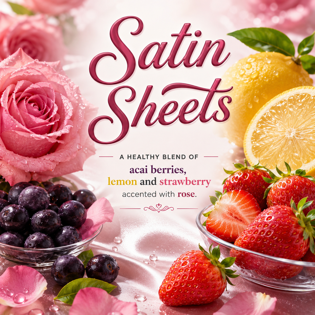 graphic for 'Satin Sheets' featuring a pink rose, blueberries, strawberries, and a lemon on a glossy pink surface, with the text 'Satin Sheets' and a scent description about acai berries, lemon, and strawberry accented with rose.