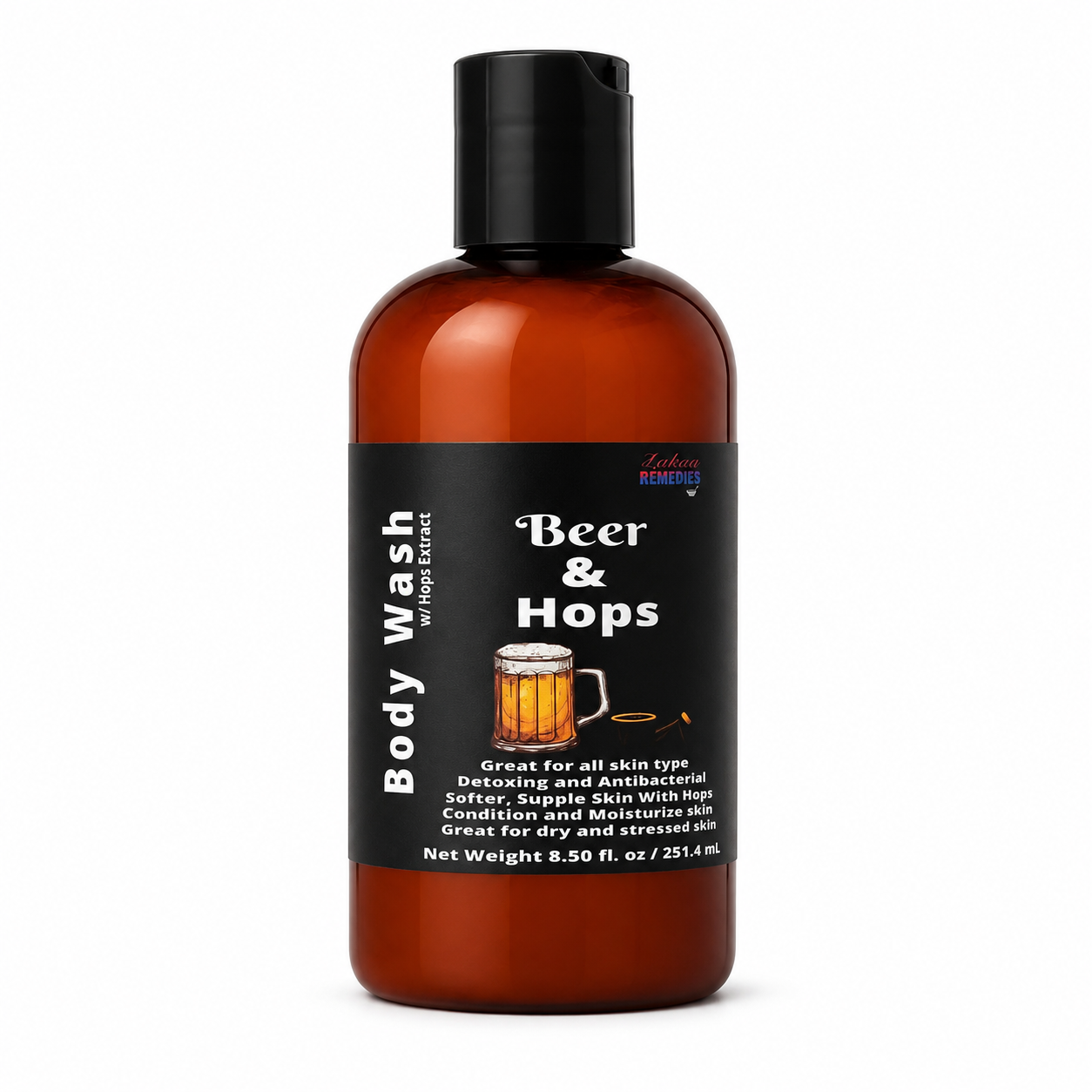 An amber plastic bottle of body wash with a black cap and a black label reading 'Body Wash' and 'Beer & Hops' on a white background.