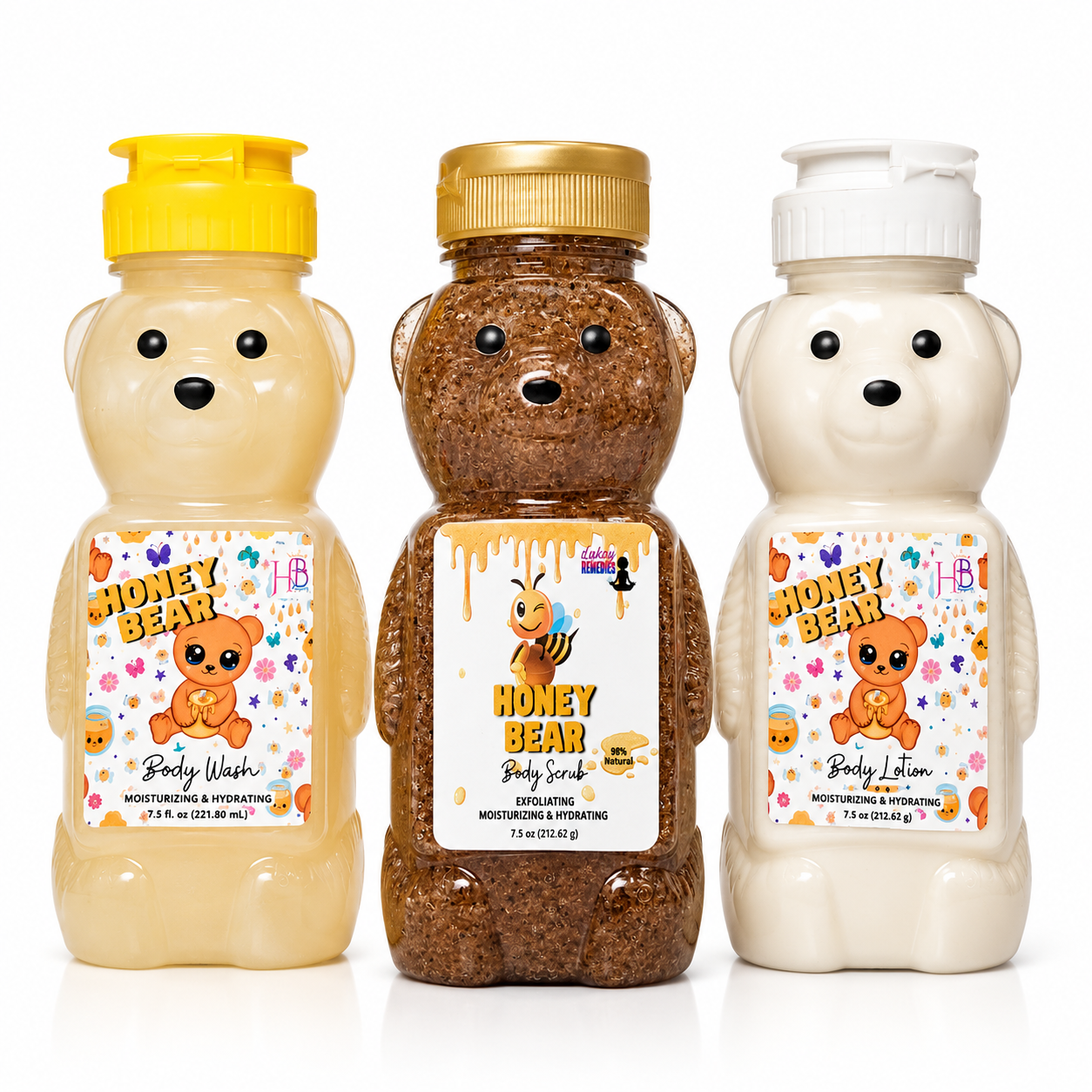Three bear-shaped body wash bottles on a white background: a pale yellow bottle labeled Honey Bear Body Wash with a yellow cap, a medium brown bottle labeled Honey Bear Body Scrub with a gold cap, and a creamy off-white bottle labeled Honey Bear Body Lotion with a white cap.