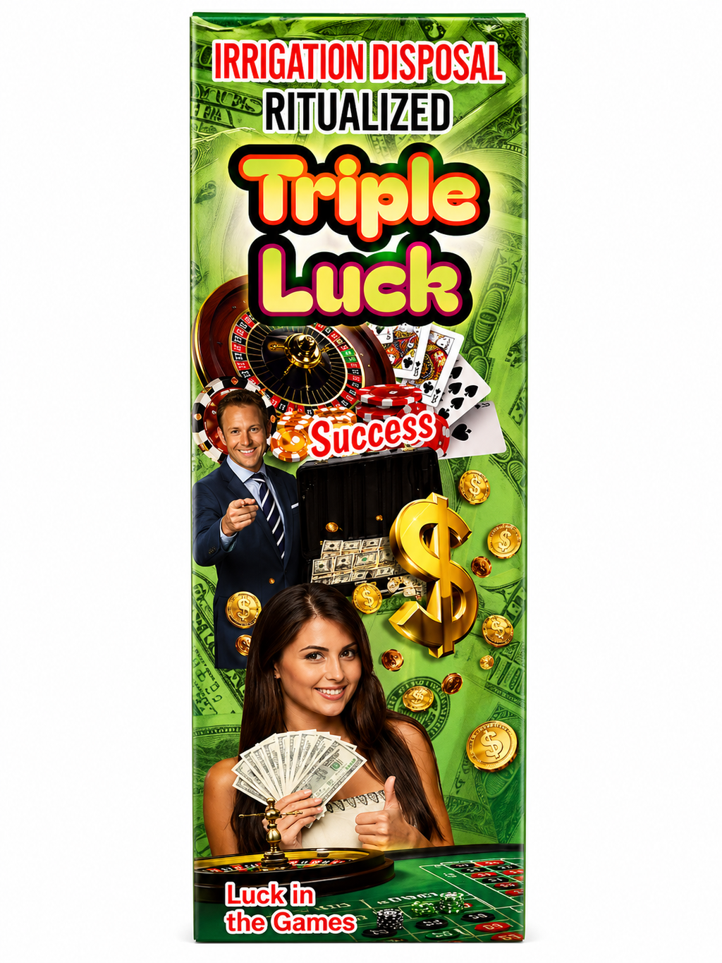 Product packaging with text 'Irrigation Disposal Ritualized Triple Luck Success' featuring a man and woman, money, and gambling elements.