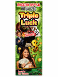 Product packaging with text 'Irrigation Disposal Ritualized Triple Luck Success' featuring a man and woman, money, and gambling elements.