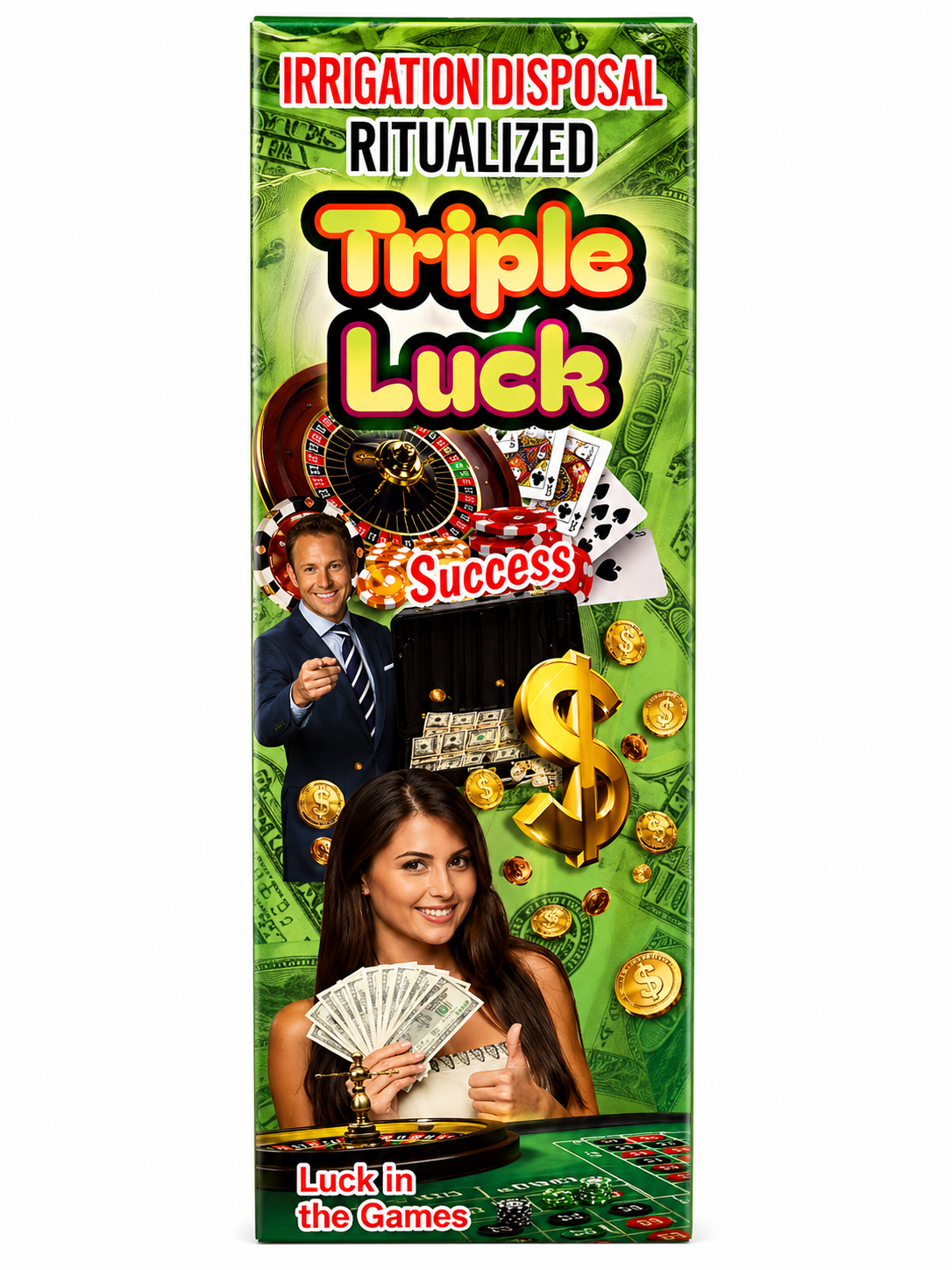 Product packaging with text 'Irrigation Disposal Ritualized Triple Luck Success' featuring a man and woman, money, and gambling elements.