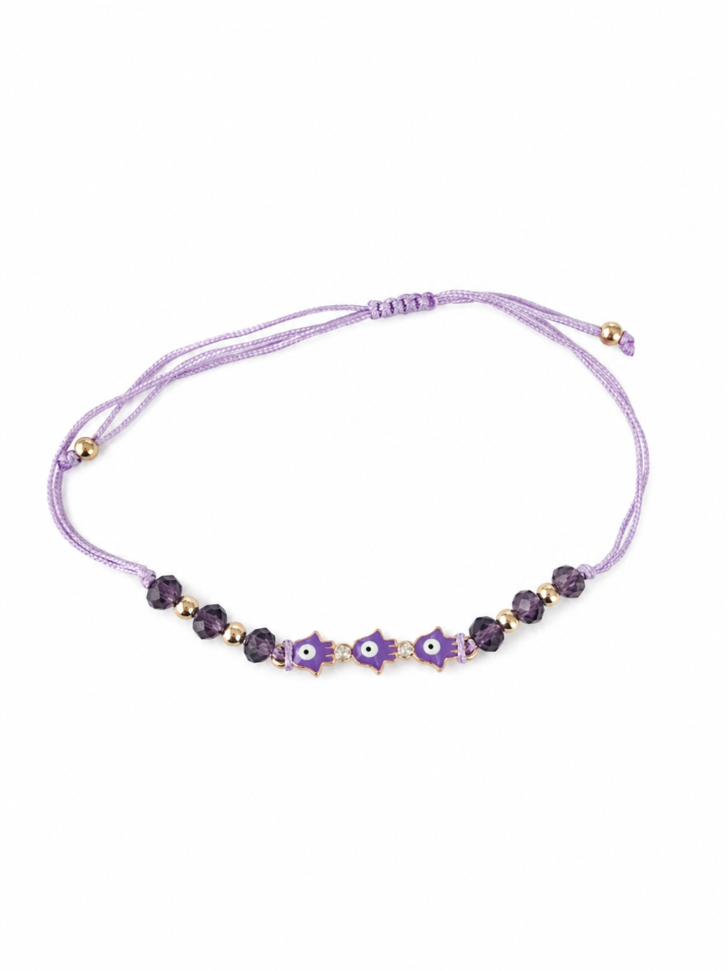 Purple beaded bracelet with star and evil eye charms on a white background