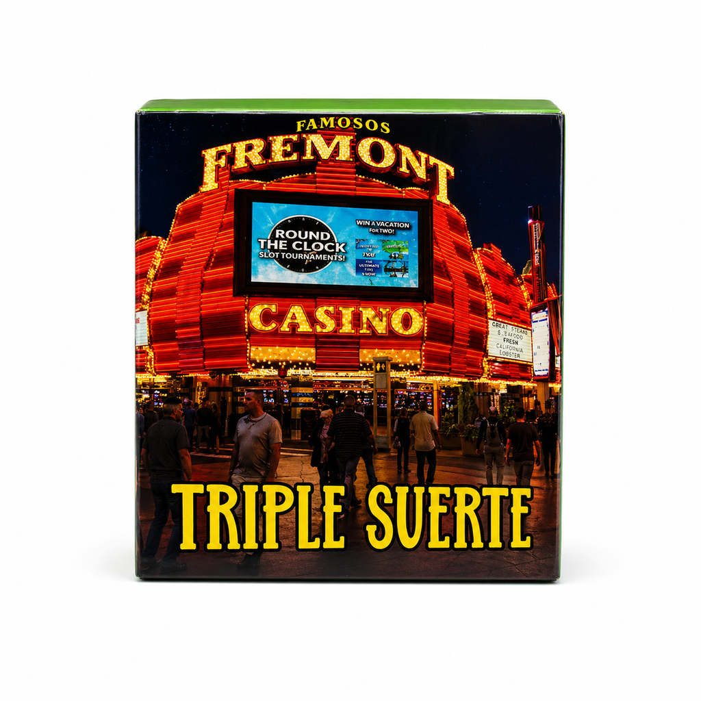 Famous Fremont Casino sign with 'Triple Suerte' text on a white background