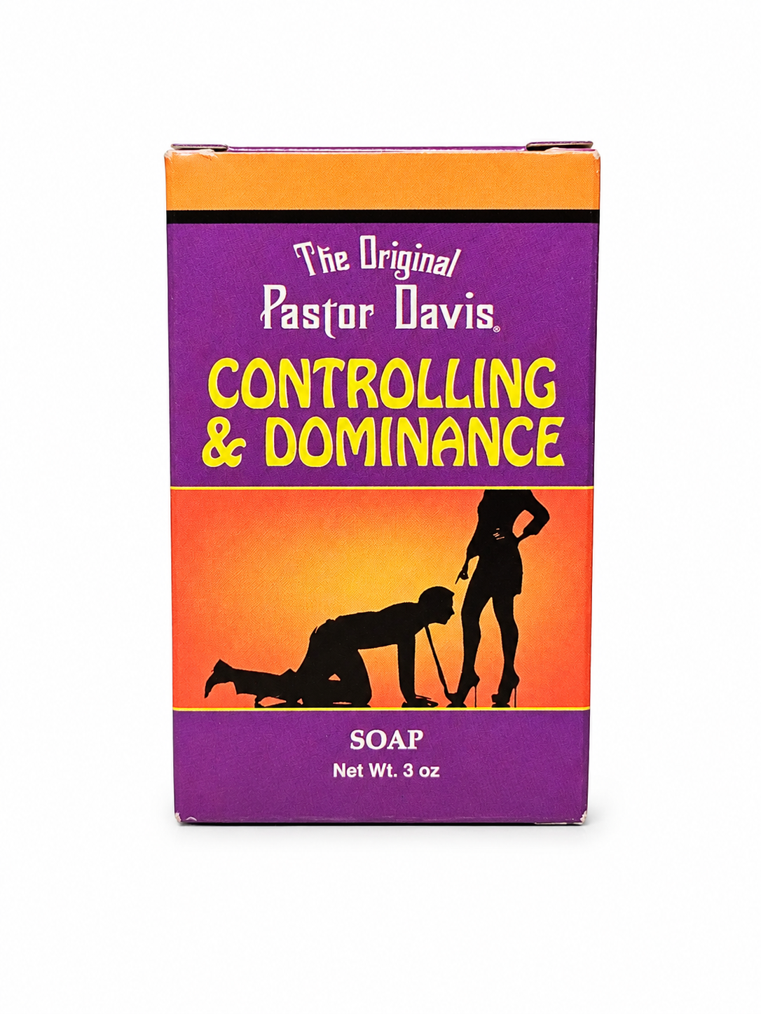 The Original Pastor Davis Controlling & Dominance soap box, featuring a purple and orange design with yellow text and black silhouettes of a dominant figure and a submissive figure, on a white background.