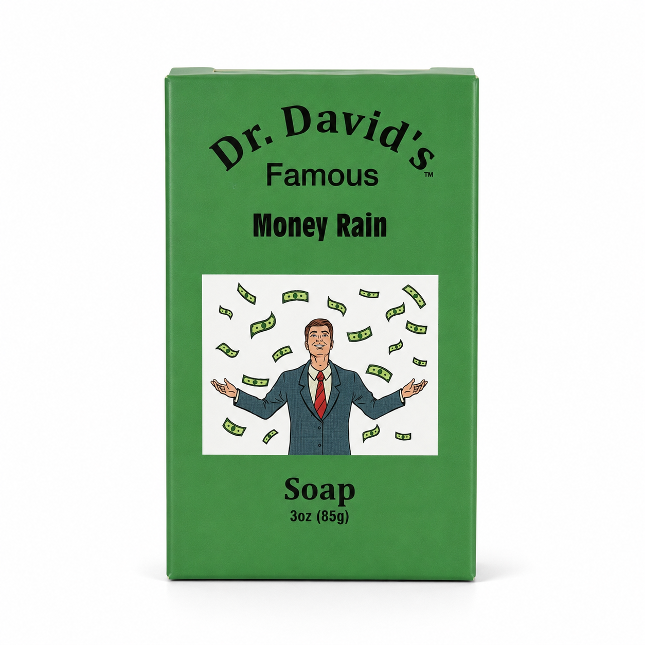 A green rectangular box of Dr. David's Famous Money Rain Soap, 3oz (85g), featuring the brand name and a cartoon illustration of a man in a suit surrounded by falling dollar bills.