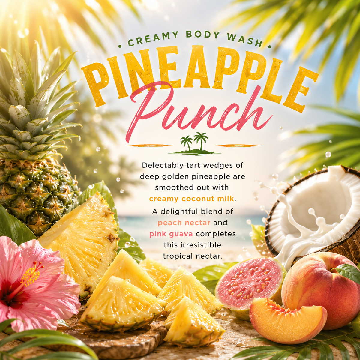 Scent Card graphic for Pineapple Punch creamy body wash, featuring large yellow and pink title text over a tropical scene with whole and sliced pineapples, peaches, a coconut, green leaves, and a pink hibiscus flower.