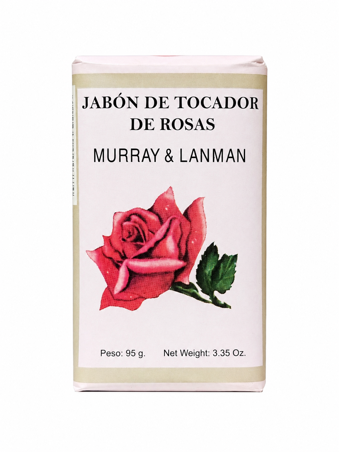 A rectangular box of Murray & Lanman jabón de tocador de rosas (roses hand soap) featuring a large red rose illustration on a white background with beige borders.