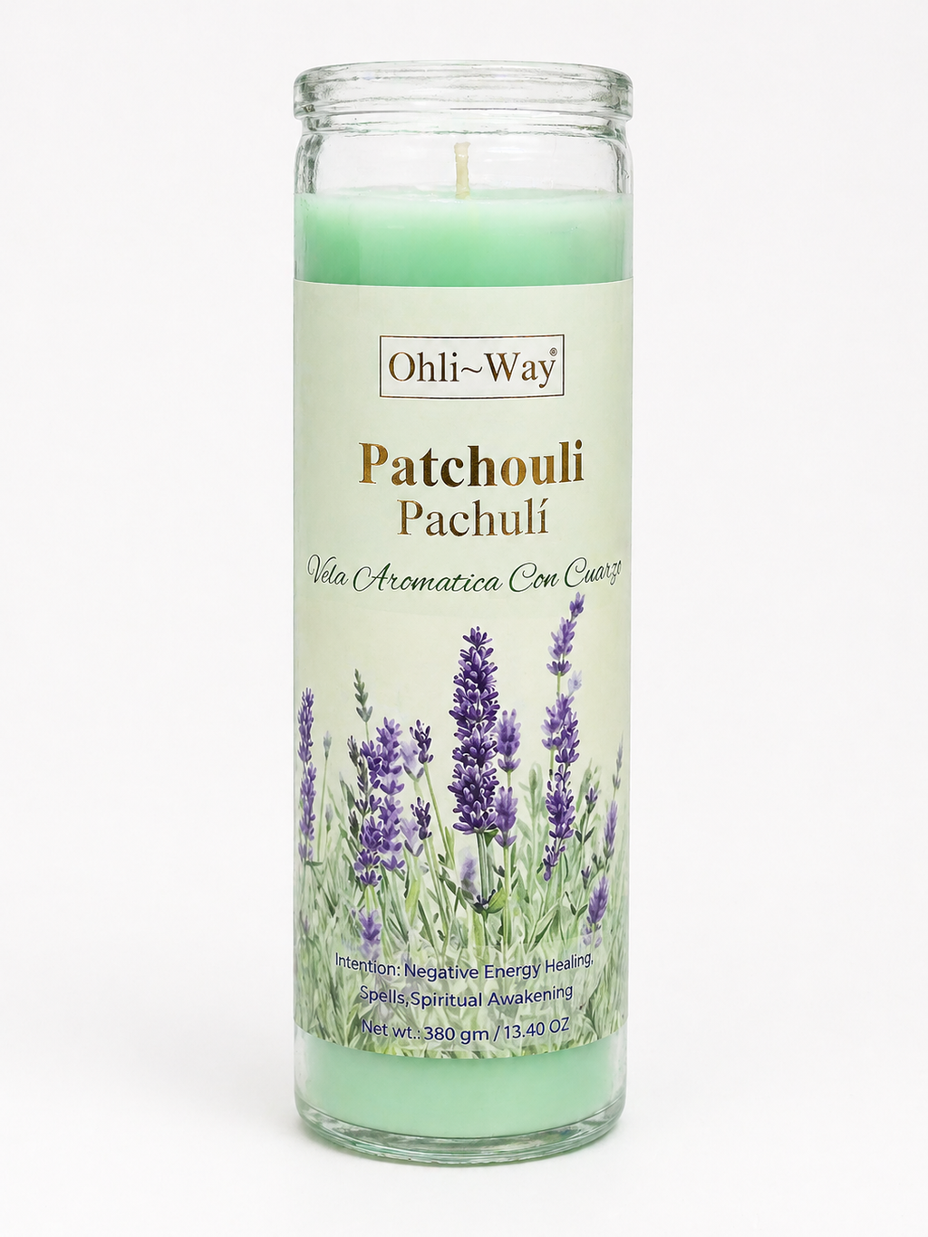 Patchouli candle with lavender illustrations on a white background
