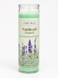 Patchouli candle with lavender illustrations on a white background