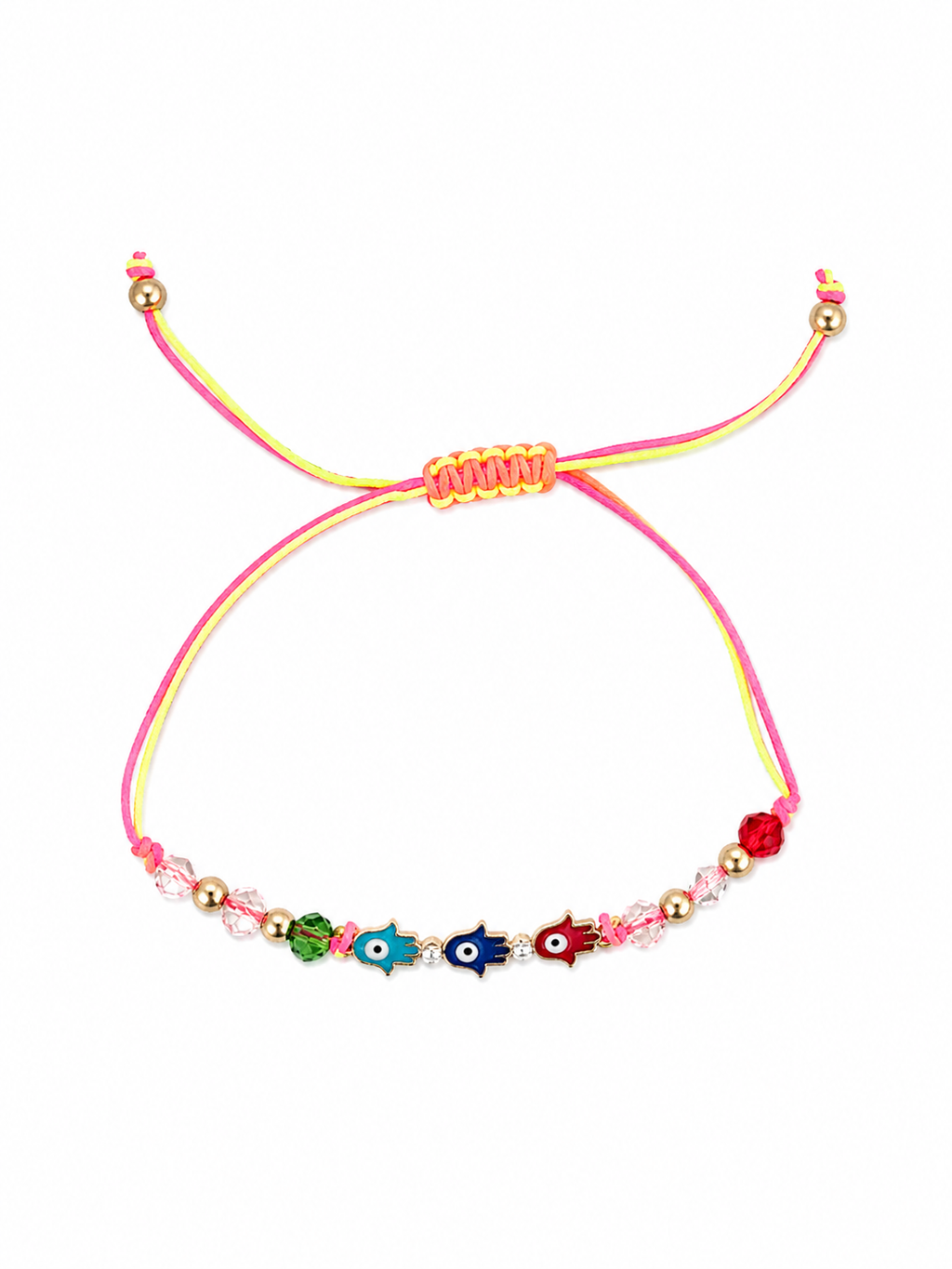 Colorful beaded bracelet with various symbols on a white background
