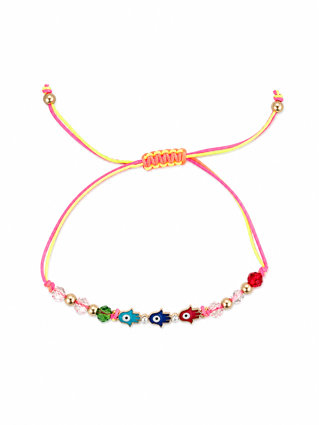 Colorful beaded bracelet with various symbols on a white background