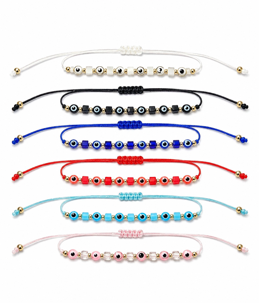 Set of colorful bracelets with bead designs on a white background