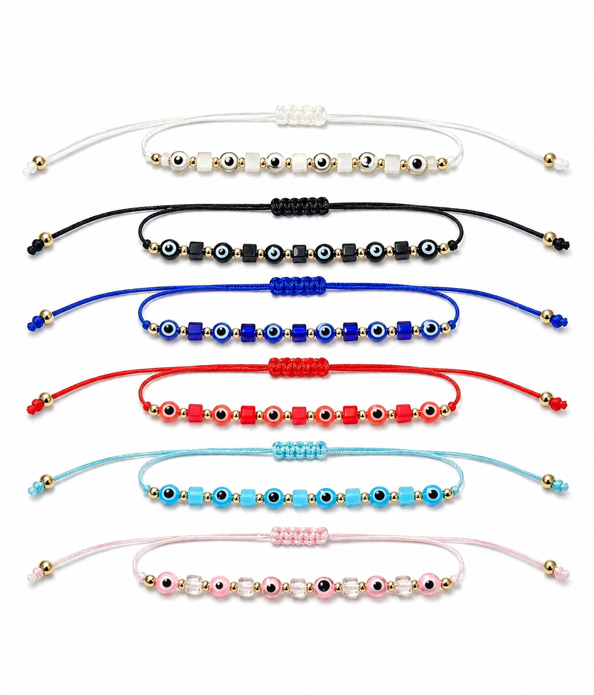 Set of colorful bracelets with bead designs on a white background
