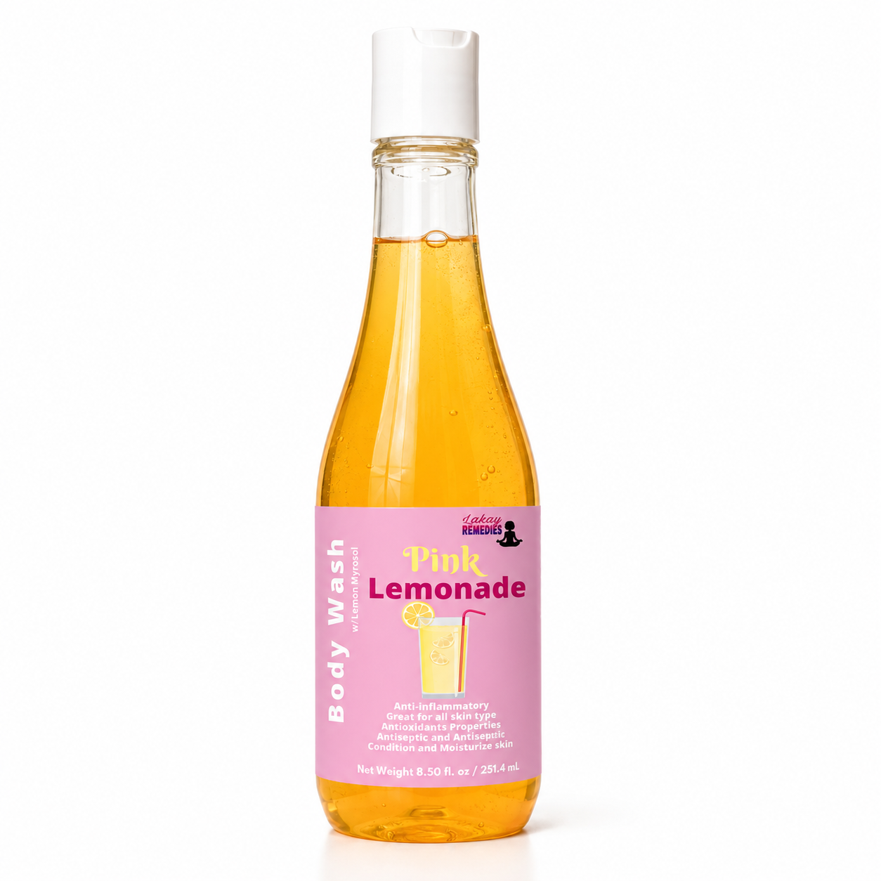 A bottle of Pink Lemonade body wash, filled with a golden-yellow liquid and featuring a pink label with a lemonade graphic, set against a plain white background.
