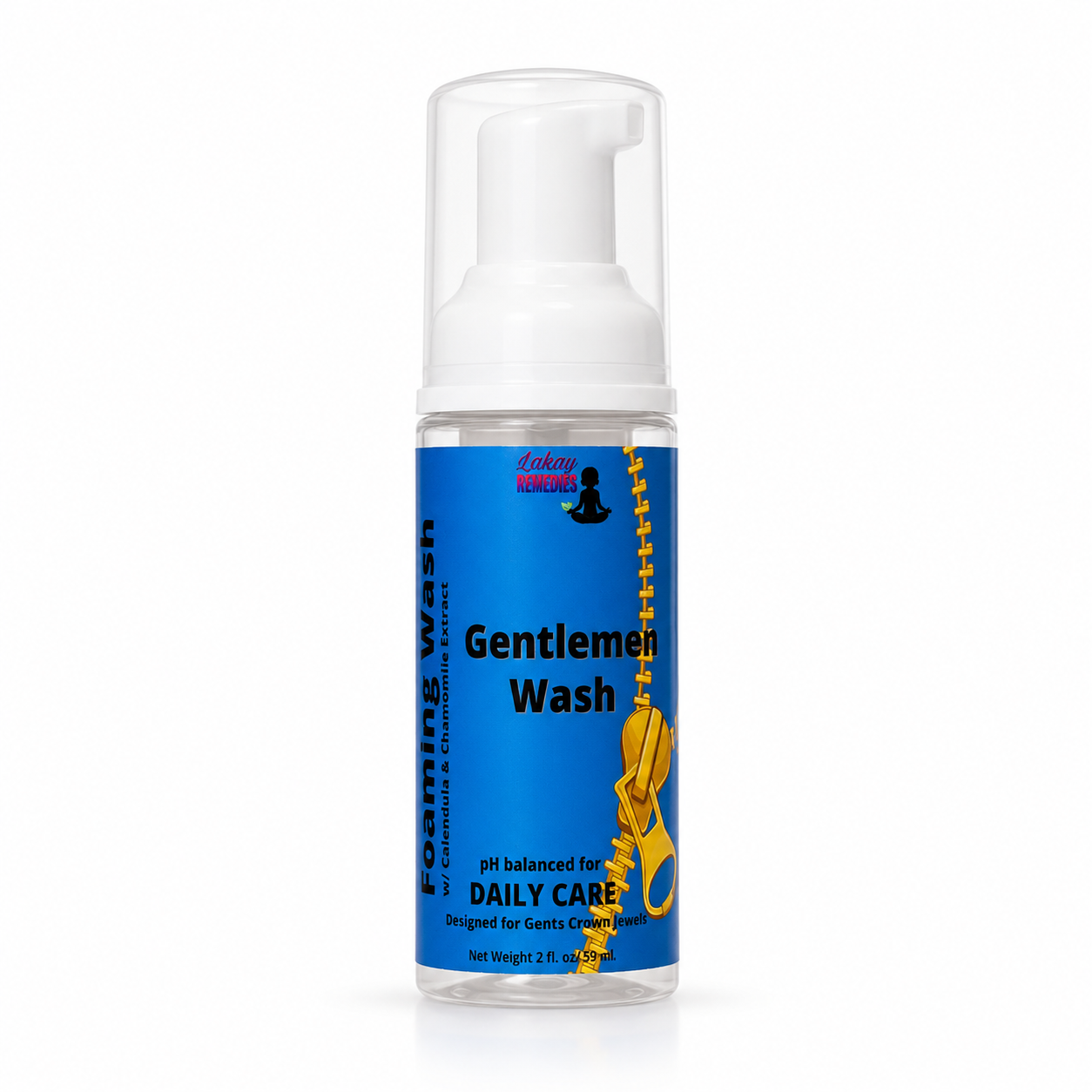 A bottle of Gentleman's Wash with a white pump dispenser and a blue label featuring a yellow zipper graphic, set against a plain white background.