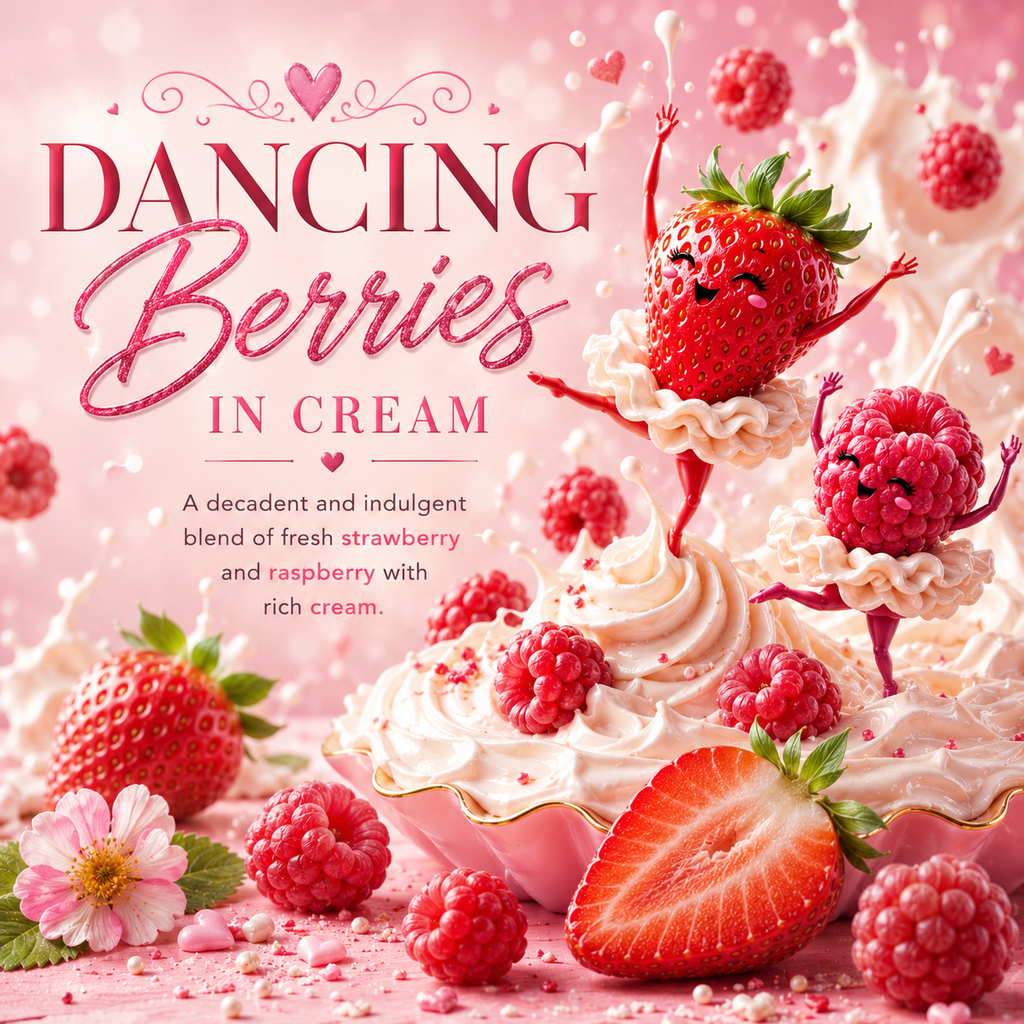 A pink-themed dessert advertisement featuring strawberries and raspberries dancing on whipped cream in a cup, with the text 'Dancing Berries in Cream' and a small flavor description. The scene is highly stylized and decorative, with no people or real environment visible.