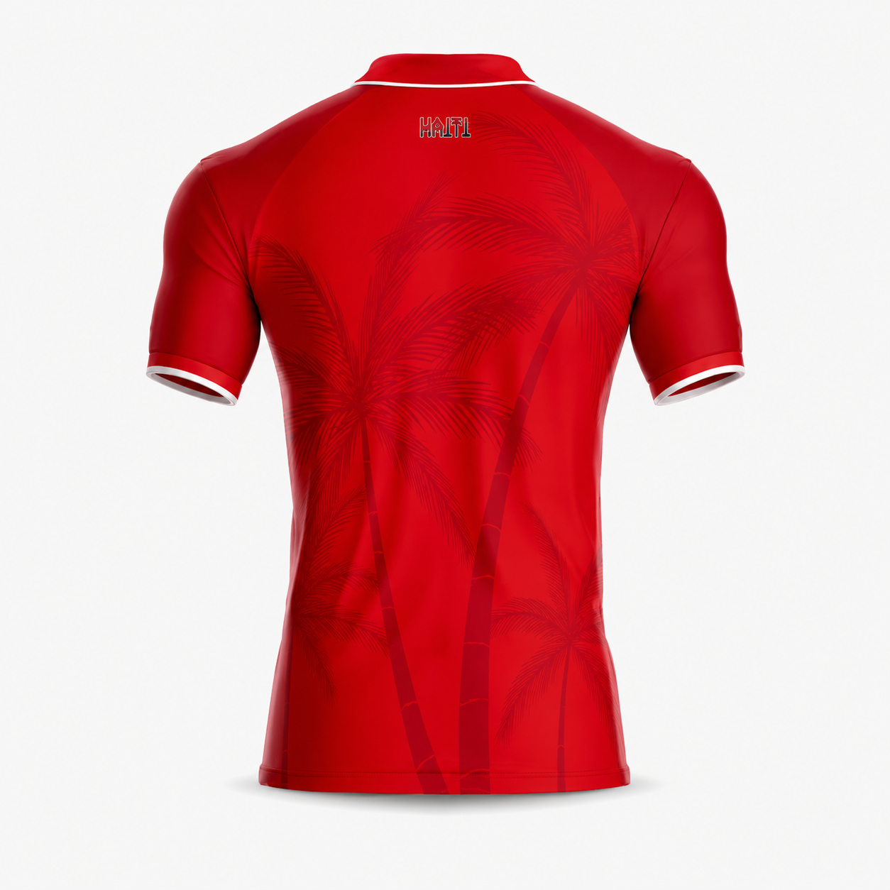 Red sports jersey with palm leaf pattern on a white background