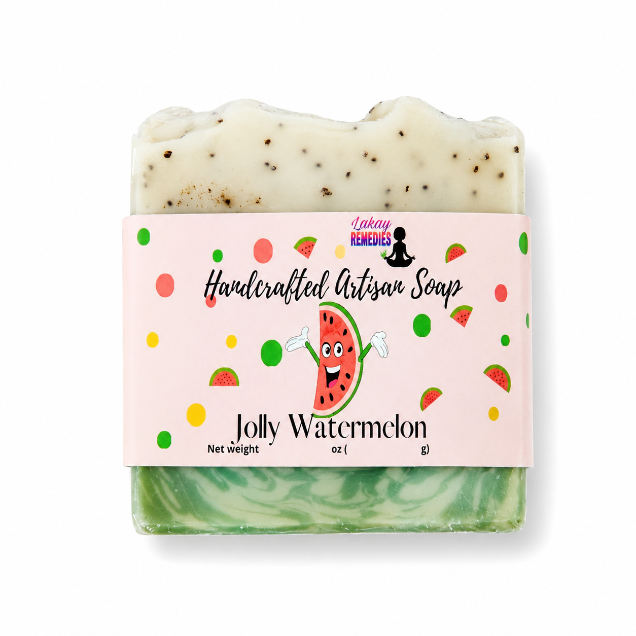 A handcrafted artisan soap bar labeled 'Jolly Watermelon' by Lakay Remedies, featuring a light pink label with watermelon illustrations, set against a plain white background.