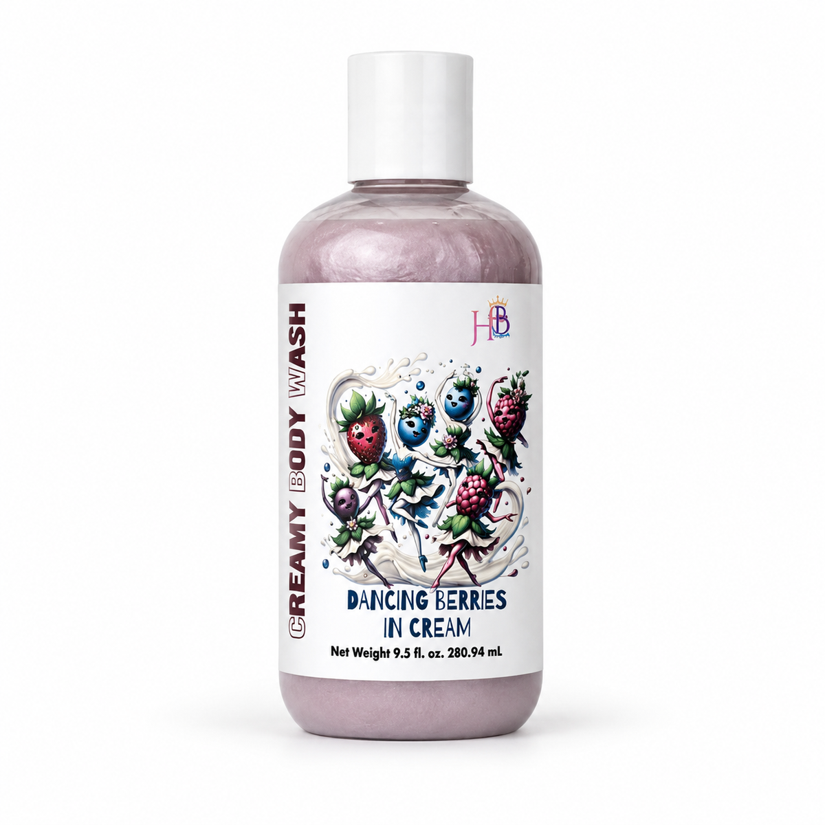 A bottle of Her Beauty Factory Creamy Body Wash in the 'Dancing Berries in Cream' scent, featuring a white label with colorful illustrations of berries and a white cap, set against a plain white background.