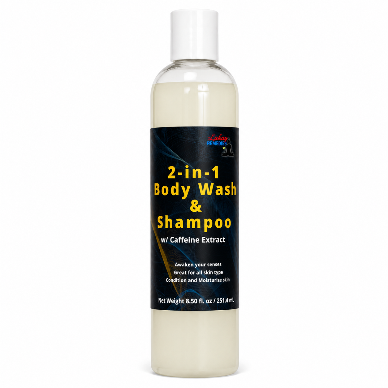 A clear plastic bottle of 2-in-1 Body Wash & Shampoo with a white cap and a black label featuring yellow text, shown on a plain white background.