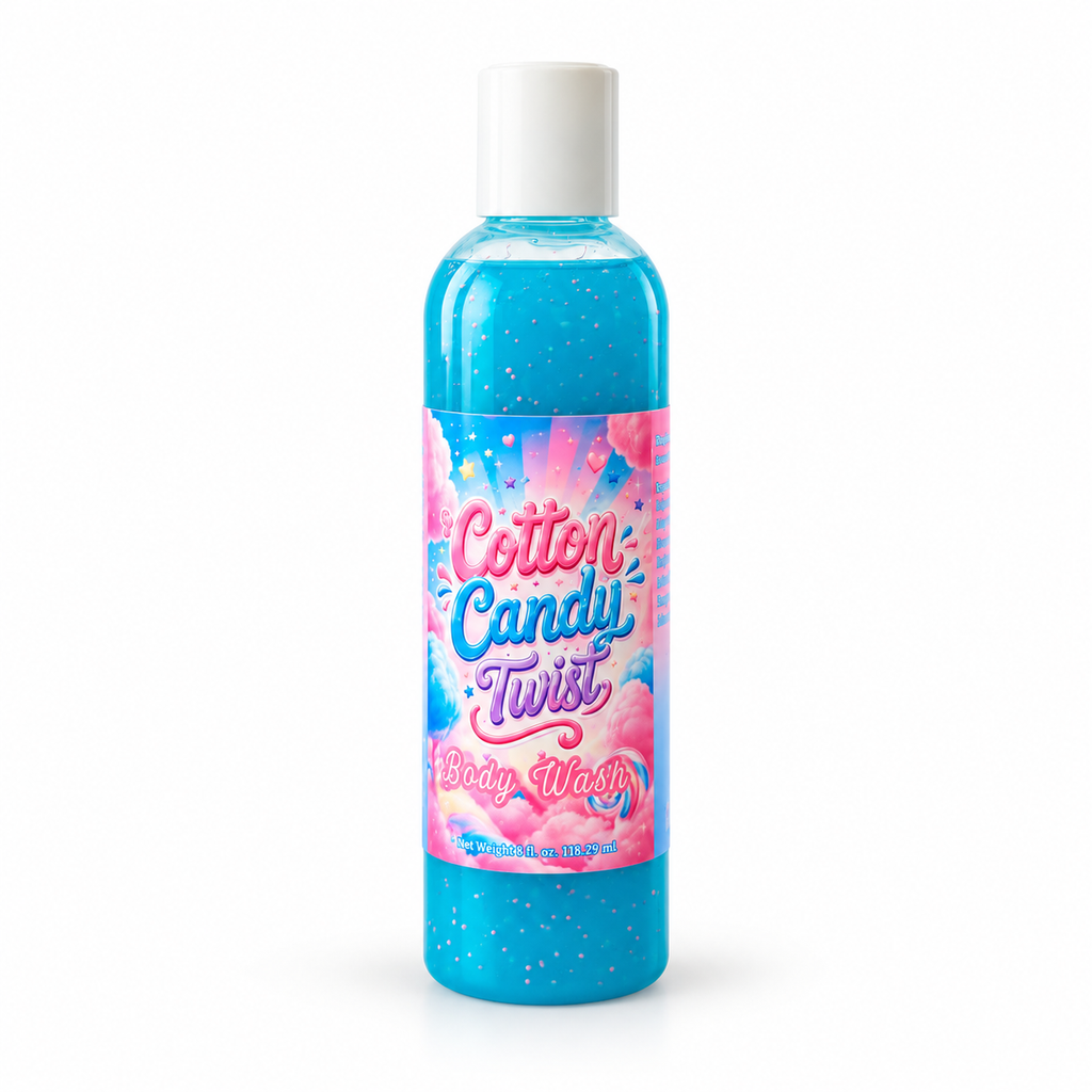 A bottle of body wash with blue gel inside, featuring a white cap and a blue label with pink and white text that reads 'Creamy Body Wash' and 'Cotton Candy Twist'.