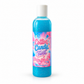 A bottle of body wash with blue gel inside, featuring a white cap and a blue label with pink and white text that reads 'Creamy Body Wash' and 'Cotton Candy Twist'.