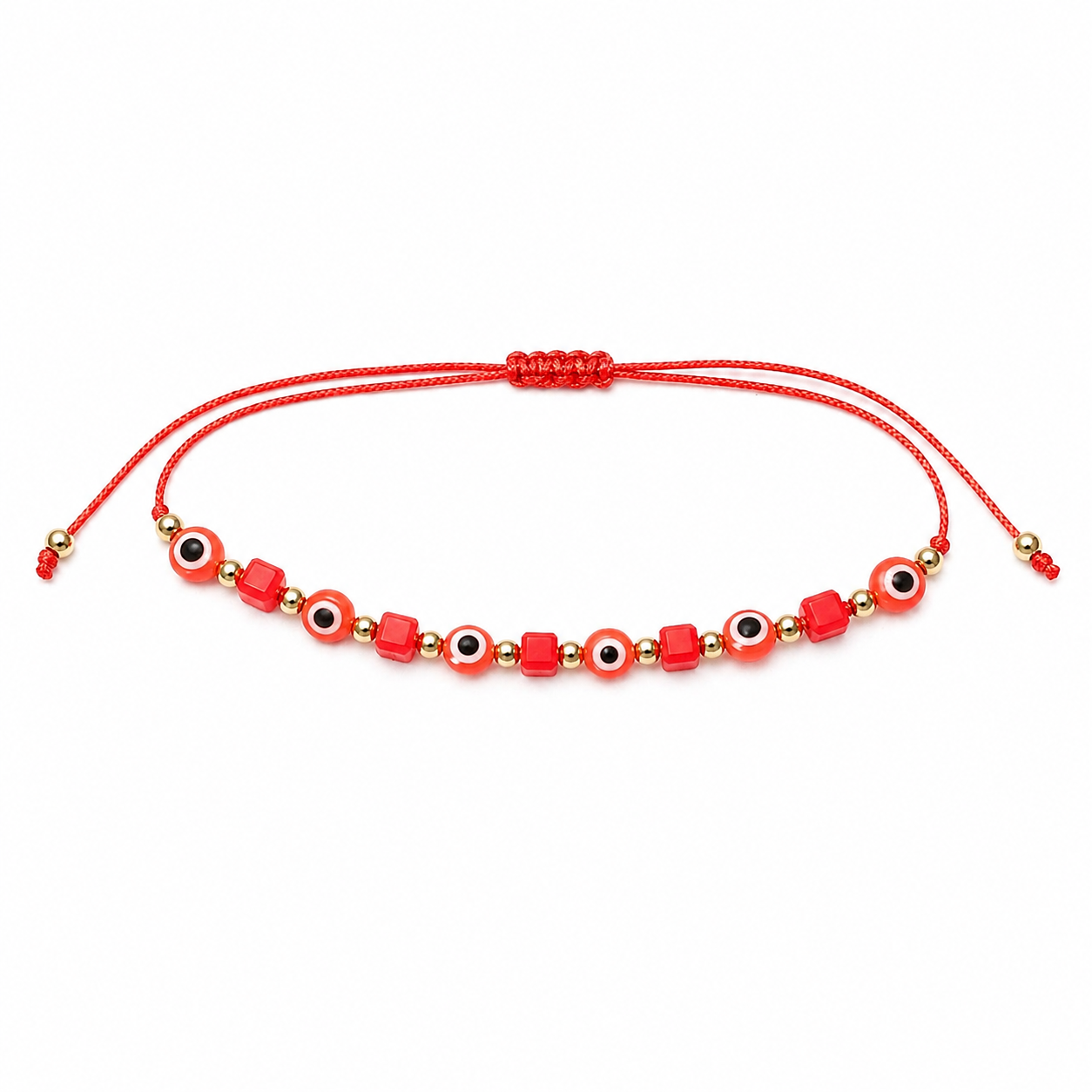 Red beaded bracelet with gold accents on a white background