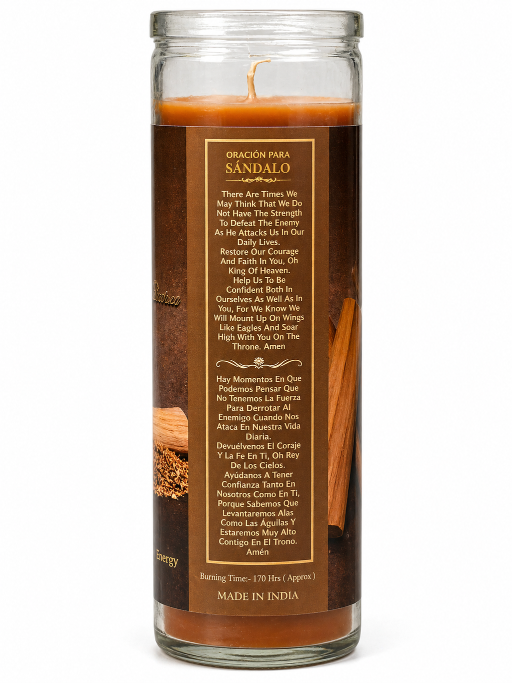 Candle with text and sandalwood pieces on a white background