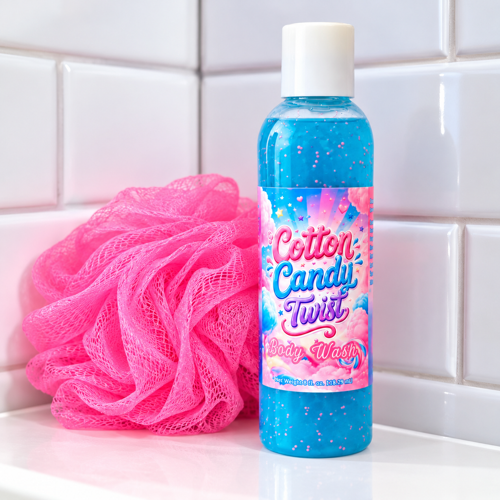 Cotton Candy Twist Body Wash in vibrant blue with pink exfoliating beads, displayed beside a bright pink bath loofah on a white bathroom countertop with a clean white tile background.