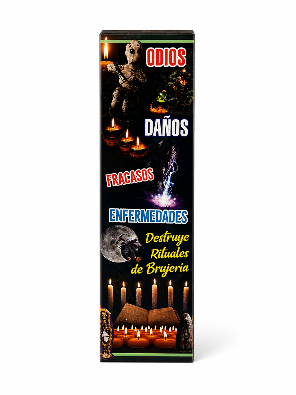 Product packaging with dark background and text in Spanish, featuring images of candles and a book.