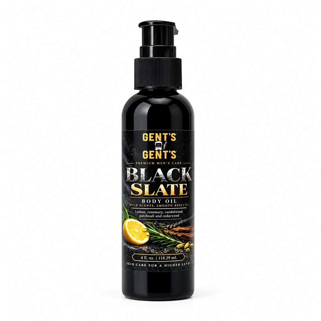 Gent's of Gent's Black Slate Men's Body Oil 4 oz – luxury lightweight moisturizing body oil with citrus, rosemary, sandalwood, patchouli and cedarwood fragrance.