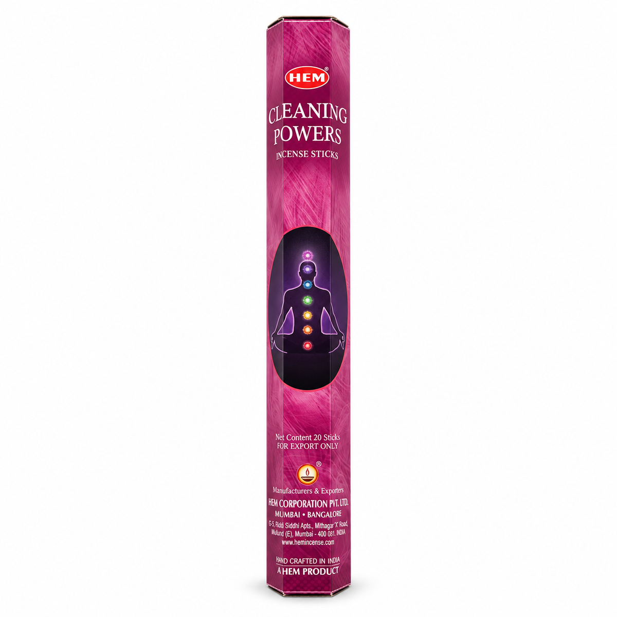 A tall, narrow pink box of HEM Cleaning Powers Incense Sticks on a plain white background.