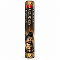 A tall, narrow box of Goddess Diosa incense sticks on a plain white background. The packaging is primarily black with gold-toned artwork depicting a statue, and features red circular brand logos at the top.
