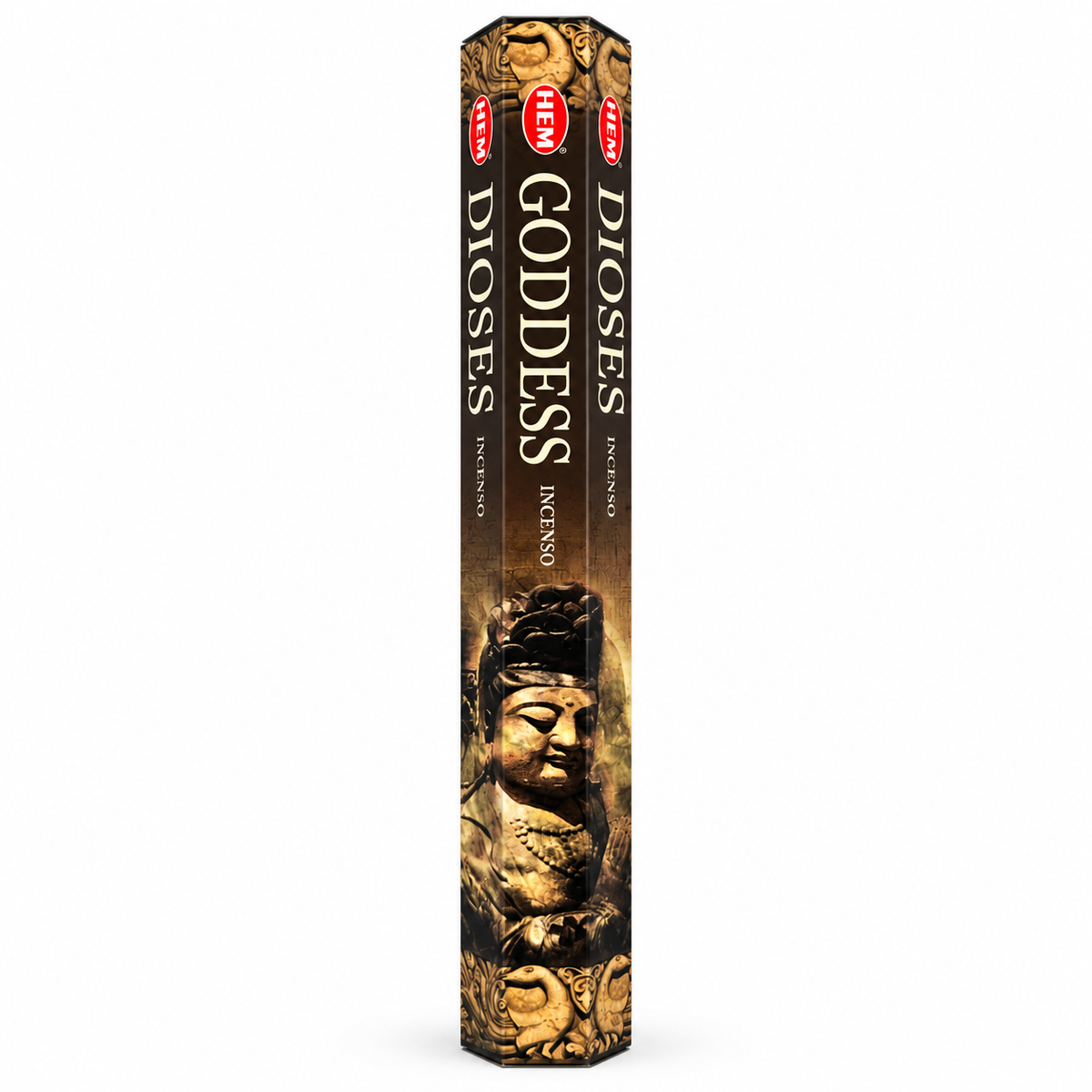 A tall, narrow box of Goddess Diosa incense sticks on a plain white background. The packaging is primarily black with gold-toned artwork depicting a statue, and features red circular brand logos at the top.