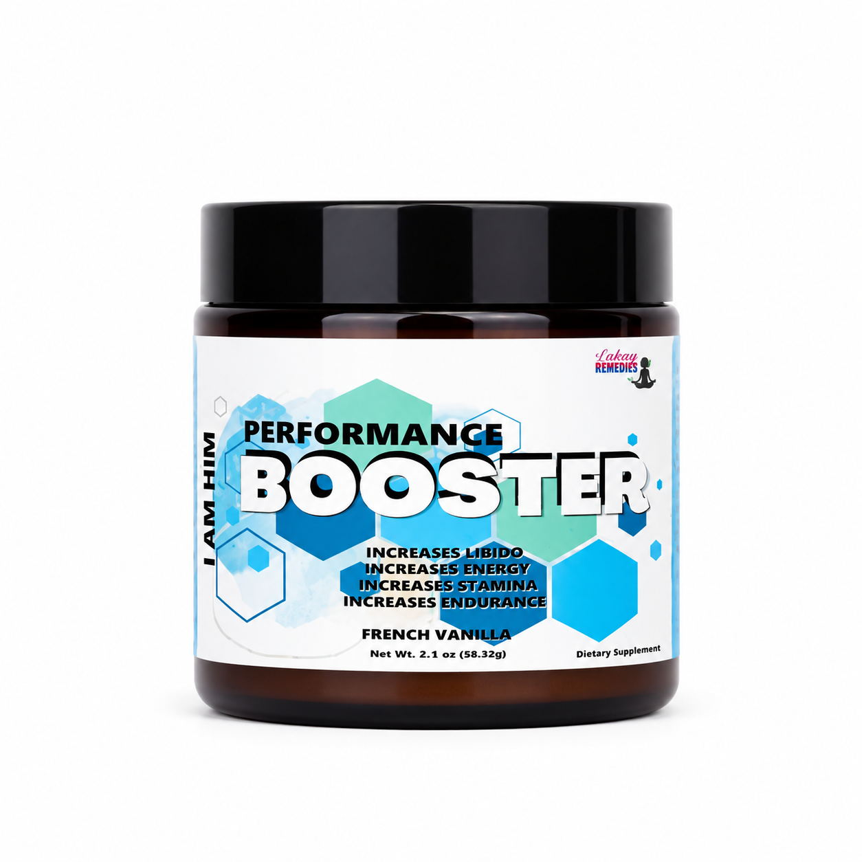 A dark brown glass jar of I Am Him Performance Booster in French Vanilla flavor, featuring a black lid and a white label with blue and green accents.