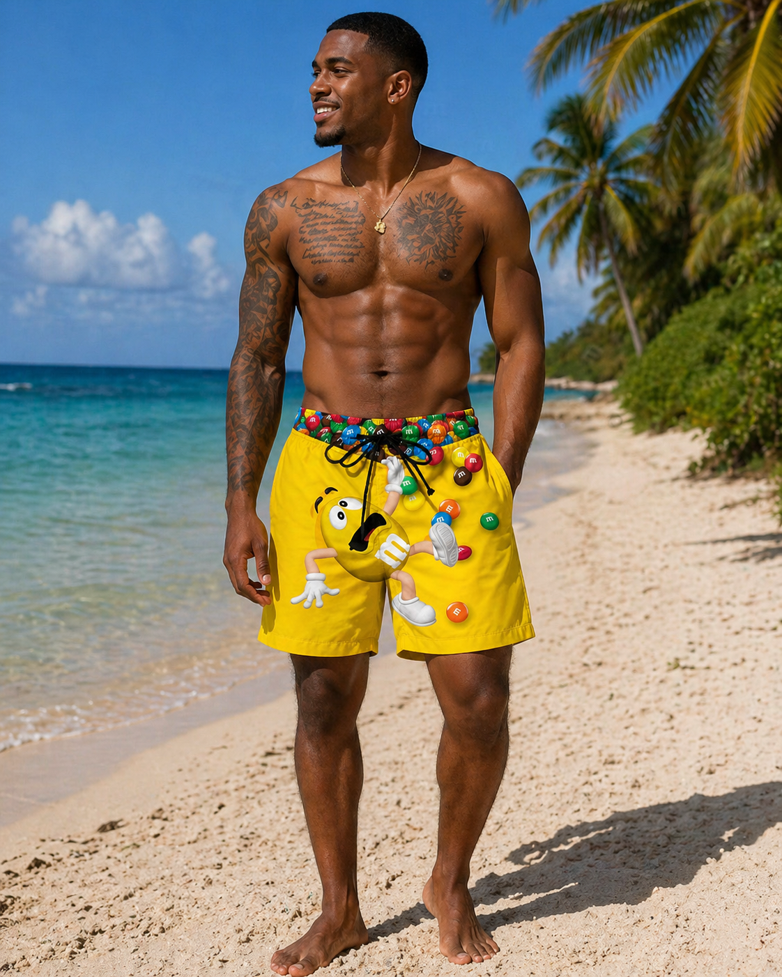 Man wearing colorful beach shorts with cartoon characters on a tropical beach.