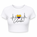 White crop top with a heart and Colombia text design on a white background