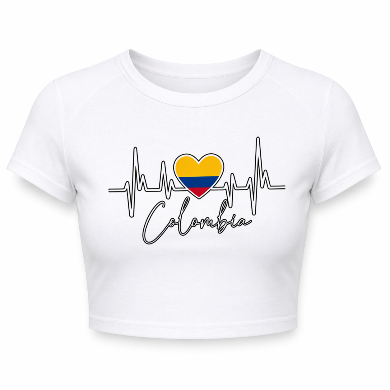 White crop top with a heart and Colombia text design on a white background