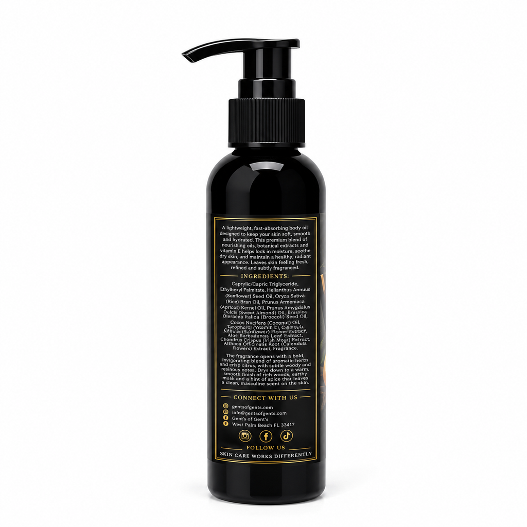 Gent's of Gent's Black Slate Men's Body Oil 4 oz – luxury lightweight moisturizing body oil with citrus, rosemary, sandalwood, patchouli and cedarwood fragrance.