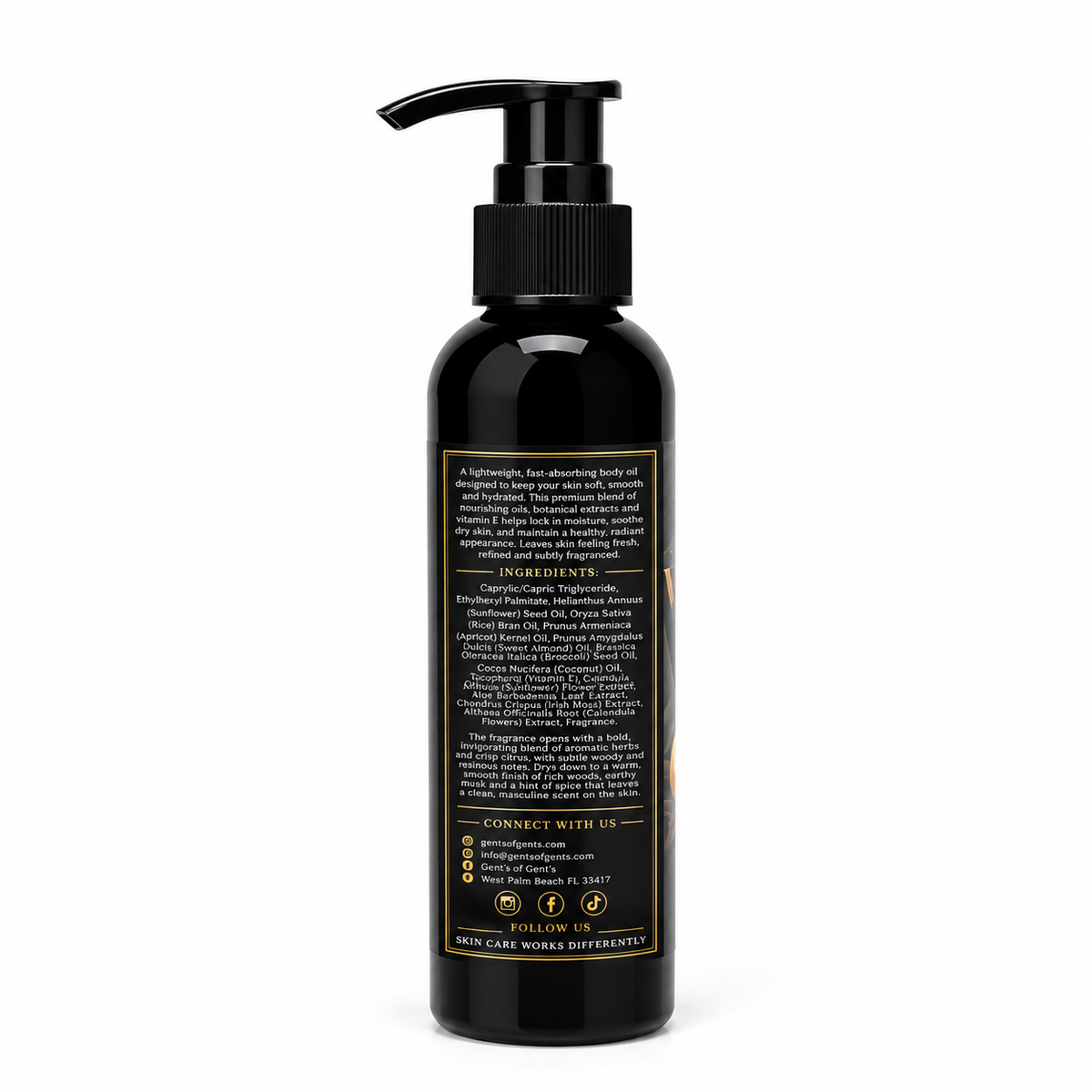 Gent's of Gent's Black Slate Men's Body Oil 4 oz – luxury lightweight moisturizing body oil with citrus, rosemary, sandalwood, patchouli and cedarwood fragrance.