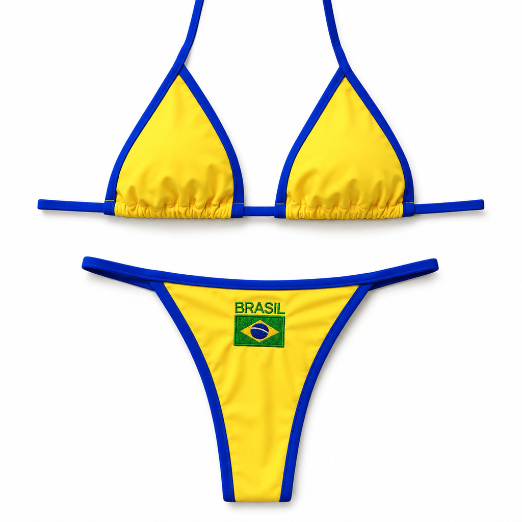 Yellow bikini with blue straps featuring the Brazilian flag on a white background